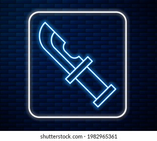 Línea de neón brillante Icono de cuchillo Hunter aislado en el fondo de pared de ladrillo. Cuchillo del ejército.  Vector
