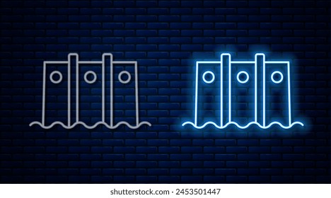 Glowing neon line Hydroelectric dam icon isolated on brick wall background. Water energy plant. Hydropower. Hydroelectricity.  Vector