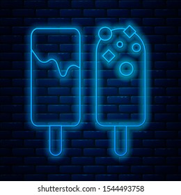 Glowing neon line Ice cream icon isolated on brick wall background. Sweet symbol.  Vector Illustration