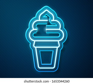 Glowing neon line Ice cream in waffle cone icon isolated on blue background. Sweet symbol.  Vector Illustration