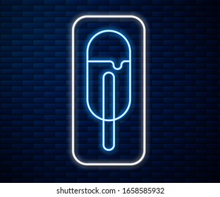 Glowing neon line Ice cream icon isolated on brick wall background. Sweet symbol.  Vector Illustration