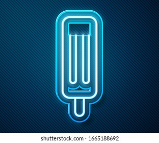 Glowing neon line Ice cream icon isolated on blue background. Sweet symbol.  Vector Illustration
