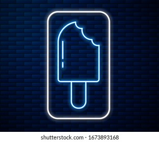 Glowing neon line Ice cream icon isolated on brick wall background. Sweet symbol.  Vector Illustration