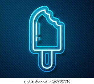 Glowing neon line Ice cream icon isolated on blue background. Sweet symbol.  Vector Illustration