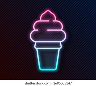 Glowing neon line Ice cream in waffle cone icon isolated on black background. Sweet symbol.  Vector Illustration