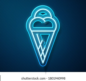 Glowing neon line Ice cream in waffle cone icon isolated on blue background. Sweet symbol.  Vector Illustration