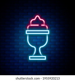 Glowing neon line Ice cream in the bowl icon isolated on brick wall background. Sweet symbol. Colorful outline concept. Vector