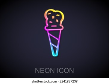 Glowing neon line Ice cream in waffle cone icon isolated on black background. Sweet symbol.  Vector