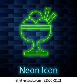 Glowing neon line Ice cream in the bowl icon isolated on brick wall background. Sweet symbol.  Vector