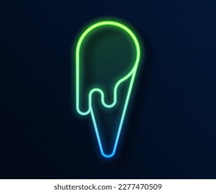 Glowing neon line Ice cream in waffle cone icon isolated on blue background. Sweet symbol.  Vector