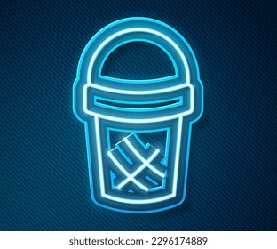 Glowing neon line Ice cream in waffle cone icon isolated on blue background. Sweet symbol.  Vector