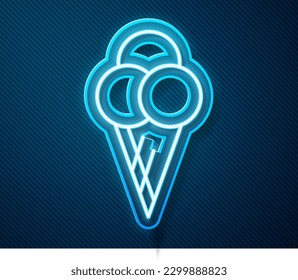 Glowing neon line Ice cream in waffle cone icon isolated on blue background. Sweet symbol.  Vector Illustration