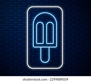 Glowing neon line Ice cream icon isolated on brick wall background. Sweet symbol.  Vector Illustration