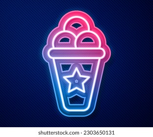 Glowing neon line Ice cream in waffle cone icon isolated on blue background. Sweet symbol.  Vector