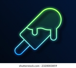 Glowing neon line Ice cream icon isolated on blue background. Sweet symbol.  Vector