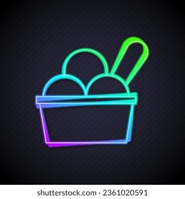 Glowing neon line Ice cream in the bowl icon isolated on black background. Sweet symbol.  Vector