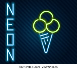Linha de neon brilhante Sorvete em ícone de cone de waffle isolado no fundo preto. Doce símbolo. Conceito de contorno colorido. Vetor