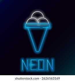 Linha de neon brilhante Sorvete em ícone de cone de waffle isolado no fundo preto. Doce símbolo. Conceito de contorno colorido. Vetor