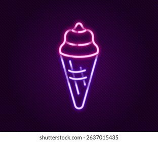 Glowing neon line Ice cream in waffle cone icon isolated on black background. Sweet symbol. Colorful outline concept. Vector