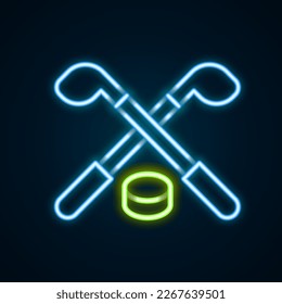 Glowing neon line Ice hockey sticks and puck icon isolated on black background. Game start. Colorful outline concept. Vector