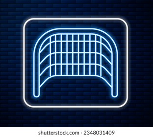 Glowing neon line Ice hockey goal with net for goalkeeper icon isolated on brick wall background.  Vector Illustration