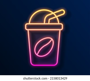 Glowing neon line Iced coffee icon isolated on black background.  Vector