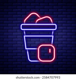 Glowing neon line Iced coffee icon isolated on brick wall background. Colorful outline concept. Vector