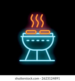 Glowing neon line icon of barbecue grill with hot sausages is grilling, isolated on black background