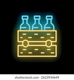 Glowing neon line icon of beer bottles in a wooden crate, representing brewery, packaging, and distribution, on a black background
