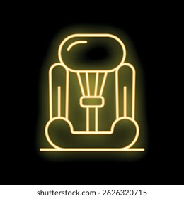 Glowing neon line icon of a car safety seat for babies and children, a symbol of safe transportation