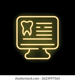 Icono de línea de neón brillante de una pantalla de computadora que muestra un diente, que simboliza los servicios de odontología en línea