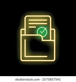 Glowing neon line icon of a document with a green check mark in a folder, symbolizing validation