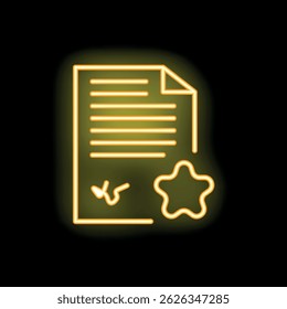 Leuchtendes Neonlinesymbol eines Dokuments mit einem Häkchen und einem Stern, das Genehmigung und Erfolg darstellt