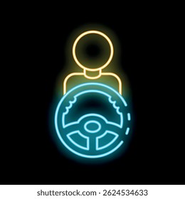 Glowing neon line icon of driver holding steering wheel, concept of driving a car