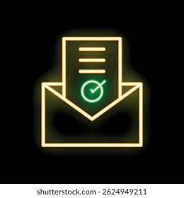Glowing neon line icon of an envelope containing a checked document, symbolizing successful email marketing