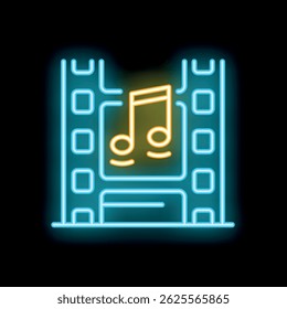 Glowing neon line icon of film strip showing music note, concept of online music streaming service