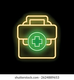 Ícone de linha de neon brilhante de um kit de primeiros socorros, um símbolo médico, isolado em um fundo preto