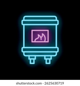 Glowing neon line icon of gas water heater with burning fire inside isolated on a black background