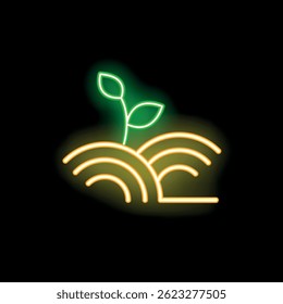 Glowing neon line icon of a green sprout with leaves growing from the ground