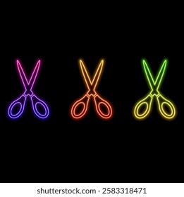 Glowing neon line Icon hairdresser scissors isolated on brick wall background. Hairdresser, fashion salon and barber. Barber shop symbol. Vector.