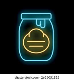 Glowing neon line icon of a honey jar with label, symbolizing sweetness and organic food, on black background