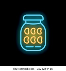 Glowing neon line icon of a jar full of cashew nuts, representing healthy snacks, isolated on a black background