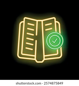 Glowing neon line icon of an open book with a green check mark, isolated on a black background