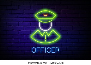 Glowing neon line icon of a police officer, military, isolated on a dark background. vector illustration for online war games, eSports