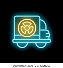 Glowing neon line icon of a radioactive truck carrying radioactive material, on a black background