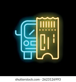 Glowing neon line icon representing a bus ticket, perfect for representing transportation services
