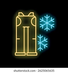 Glowing neon line icon representing winter pants, isolated on black background with snowflakes