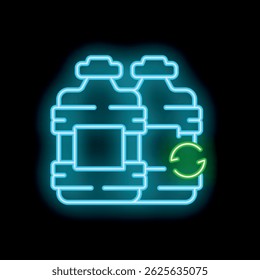 Glowing neon line icon representing two water cooler bottles, one with a recycling symbol, conveying the importance of recycling plastic