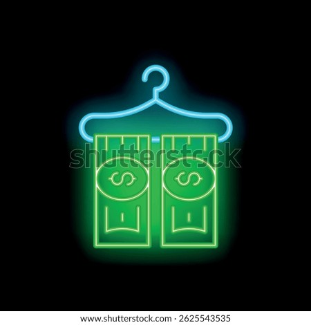 Glowing neon line icon representing the concept of money laundering, with dollar bills hanging on a clothes hanger