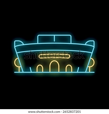 Glowing neon line icon representing a football stadium with lights, isolated on a black background